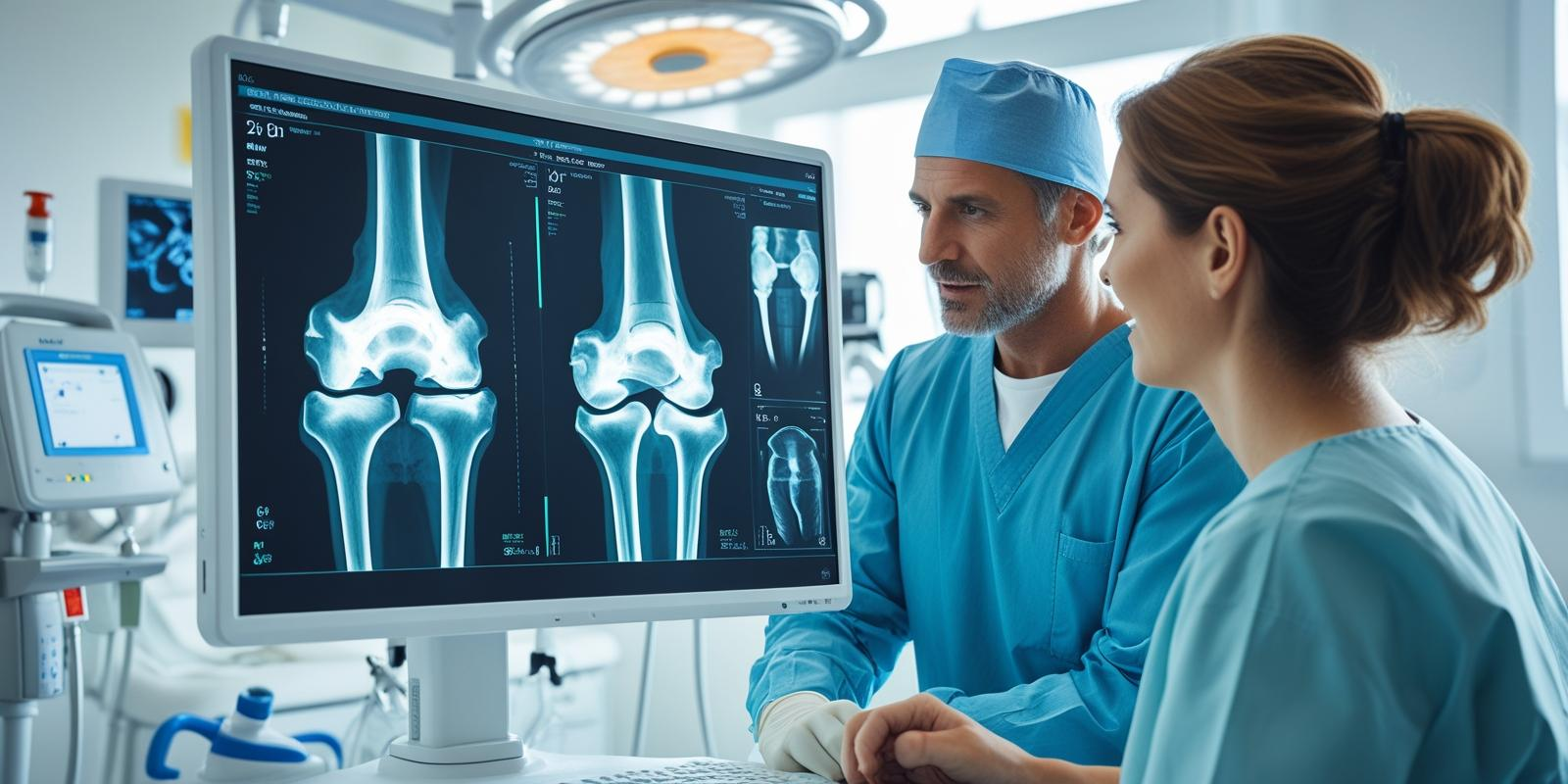 Surgeon and patient consulting over joint X-ray images in a well-lit hospital room, professional medical setting, no faces visible